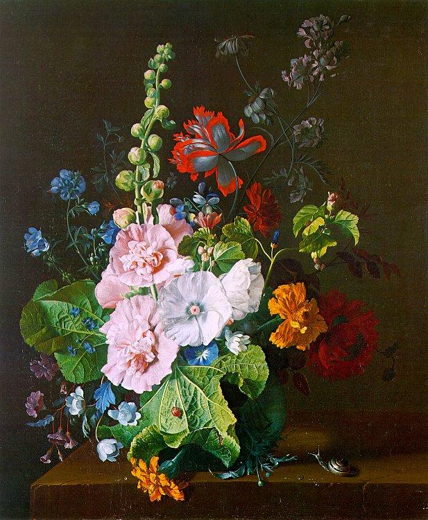 Jan van Huysum Hollyhocks and other Flowers in a Vase oil painting image